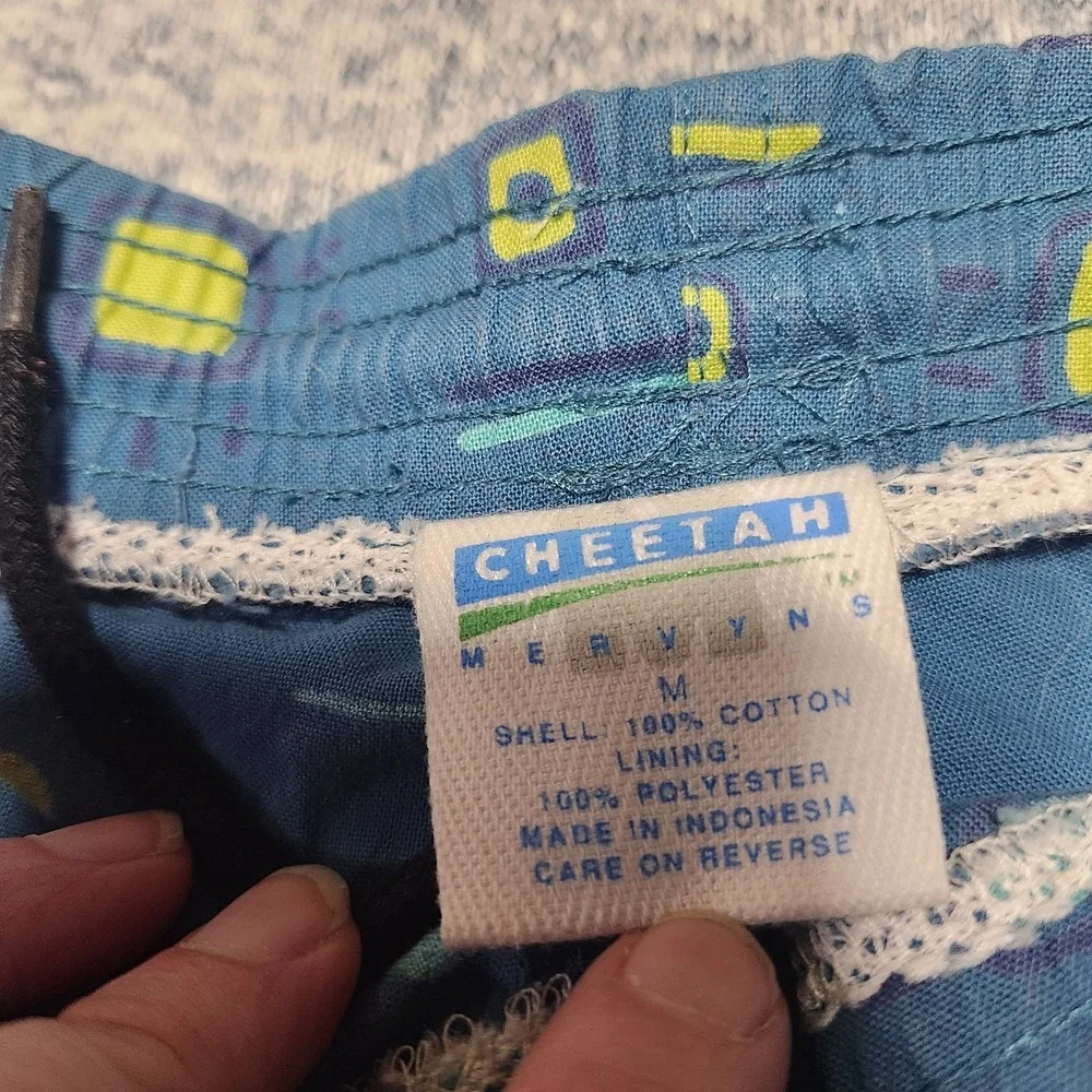 Vintage Mervyns Cheetah‎ Swim Trunks Mens M Blue Geometric Print 90s Cotton